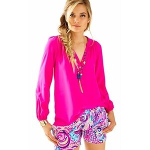 Lilly Pulitzer Women's Elsa 100% Silk Pink Blouse Long Sleeve Blouse Top Size XS